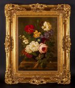 Stillife Study of a Basket of Flowers, Oil on Panel, Signed. Mounted and Framed, 14.5 x 11 Inches.