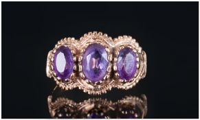 Antique Style 3 Stone Set Amethyst Ladies Ring. Hallmark Edinburgh 1979. The Amethyst of Excellent