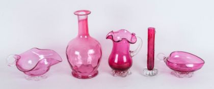 Victorian Collection of Cranberry Glass, Jugs. Vase and Sweetmeat Dish ( 5 ) Items In Total. c.