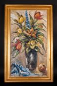 Oil Painting on Canvas of a Stillife - A Vase of Flowers with an Apple. Signed Draaby. In Gilt