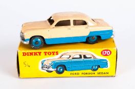 Dinky Toys No 170 Ford Fordor Sedan Diecast Model. Medium Blue Lower Body, Pale Pink Upper Body,