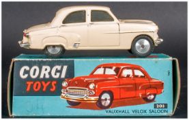 Corgi Toys No 203 Vauxhall Velox Saloon Model. Cream Body , Complete With Blue Picture Card Box,