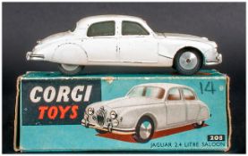 Corgi Toys No 208 Jaguar 2.4 Litre Saloon Car Model,White Body, Complete With Blue Picture Card Box,