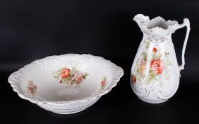 Porcelain Water Jug and Bowl - Floral decoration on white background. Bowl 19 inches diameter.