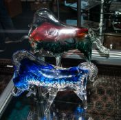 Murano Hand Blown 1970's Art Studio Glass Animal Figures, Stylised Bull Sculptures. 8 & 7 Inches