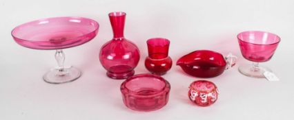 A Collection of Cranberry Glass Items ( 7 ) In Total, Comprises Pedestal Bowl, Vases, Bowls etc. All