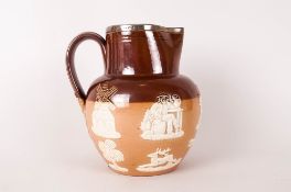 Doulton Lambeth - Late 19th Century Silver Banded Stoneware Jug with Applied Hunting Scenes and