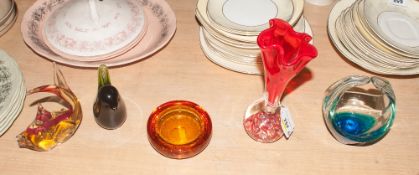 Five Murano Type Glass Pieces, Small Bird, Fish, Basket, Tulip Vase and Ash Tray.