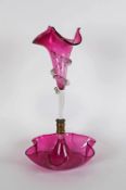 Victorian Cranberry Glass Single Stem Epergne. The Trumpet Forms Having Applied Clear Glass