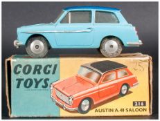Corgi Toys No 216 Austin A.40 Saloon, Light Blue Body, Dark Blue Roof, Complete With Blue/Yellow