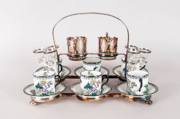 Royal Doulton Chinoiserie Coffee Set and Tot Glasses In Original Silver Plated Stand; six