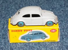 Dinky Toys No 181 Volkswagen Diecast Model. Grey Body, Blue Wheels. Red And Yellow Picture Card