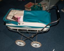 Childs Victree Blue & Cream Leatherette Pram With Black Chiltern Doll