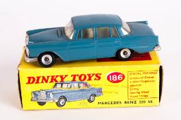 Dinky Toys No 186 Mercedes Benz 220 SE Diecast Model. RAF Blue Body, Chrome Spun Hubs. Red And