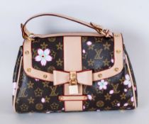 Designer Style Ladies A-line Handbag, initialled brown base over-printed with pink flowers and