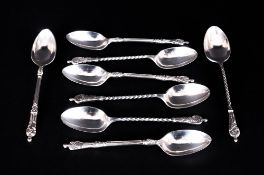 European Antique Set of 9 Apostle Silver Tea Spoons. 4 with Twisted Stems and 5 with Column Stems.