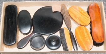 Collection of  7 Gents Brushes and One Ebony Hand Mirror and Lidded Box. ( 9 ) Items Altogether.