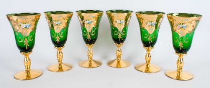 Murano - 1970's Venetian Fine Hand Finished Set of Six Decorative Enamel on Glass Wine Glasses. Gold