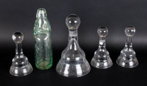 Five Pieces Of Glass Consisting Of A Green Cod Bottle And 4 Unusual Drinking Vessels In The Shape Of