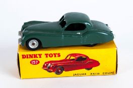 Dinky Toys No 157 Jaguar XK120 Coupé Diecast Model. Greyish Green Body,Spun Aluminium Hubs. Red