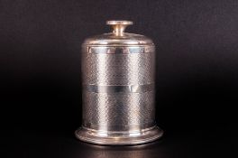 Art Deco Silver Lidded Cylindrical Shaped Table Cigarette Container with Pull Up Cover, In The