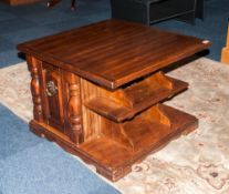 Cherrywood Low Table/Coffee Table with open shelf segments for books with side cupboards. 27x27''
