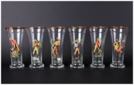 A 1960's Retro Glass Set Of Six Fruit/Lemonade Drinking Glasses, Decorated with images of fruit