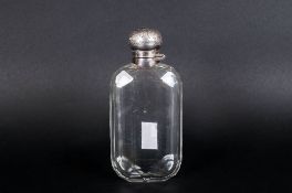 Edwardian Silver Screw Topped Faceted Glass Spirit Flask of Nice Quality. Hallmark Sheffield 1909.