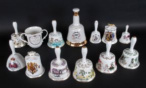 11 Various Misc Porcelain Bells, Commemorative, Bells Whiskey, Doulton, Aynsley, Crown