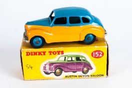 Dinky Toys No 152 Austin Devon Saloon Diecast Model. Deep Yellow Lower Body, Blue Upper, Blue