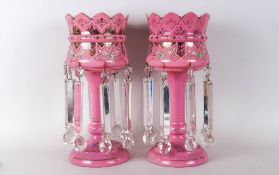 Pair of Pink Opalene Glass Lustres, with hand painted floral decoration and gilding; eight clear cut