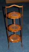 1930's Walnut Bergere Top 3 Tier Folding Cake Stand Of Unusual Form,