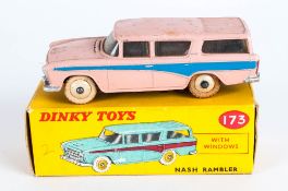 Dinky Toys No 173 Nash Rambler Diecast Model. Pink Body With Blue Flash. Red And Yellow Picture Card