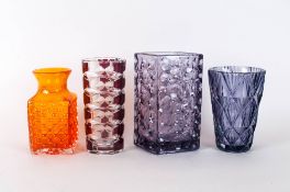 Four Art Glass Vases In The Style of White Friars, Two Mauve Coloured Moulded Vases, Orange Square