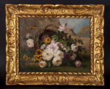 A Small Painting On Canvas Depicting Roses & Flowers On An Embarkment signed J.Cornillon /89. In