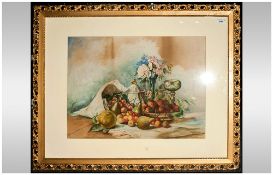 Large Watercolour By Kenworthy Depicting Still Life Of Fruits On A Table, gilt frame, mounted &