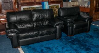 Contemporary Black Leather Two Seater Sofa With Matching Armchair, Flayed Out Arms As new condition.