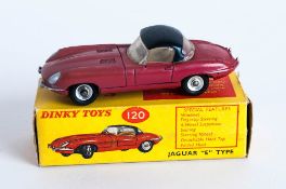 Dinky Toys No 120 Jaguar E-Type Diecast Model - red with black hood, cream seats. Complete With