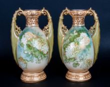 Royal Vienna Alexandra Porcelain Pair of Twin Handle Floral Vases. c.1980's. Each 5.5 Inches High.