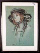Crayon and Charcoal Sketch of an Elegant Lady Wearing a Hat In The 1920's Style of The Day. Signed
