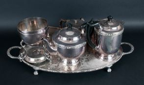 Silver Plated Tray With 6 Various Plated Items, Teapots, Sauce Boat and Egg Boiler.