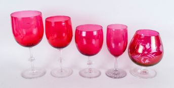 Mid 20th Century Collection of Five Cranberry Large Drinking Glasses, Various Sizes and Shapes.