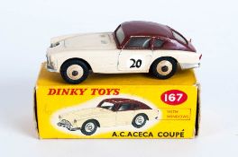 Dinky Toys No 167 A.C.Aceca Coupé Diecast Model. Cream Body, Brown Roof, Cream Hubs. Red And