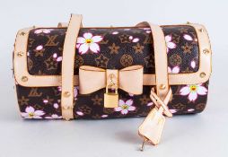 Designer Style 'Bowling Bag' Ladies Handbag, initialled brown base  over-printed with pink flowers