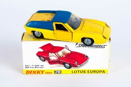 Dinky Toys No 218 Lotus Europa Diecast Model. Yellow Body With Blue Roof, Complete With Yellow