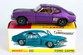 Dinky Toys No 165 Ford Capri Diecast Model. Metallic Purple, Speedwheels, Suspension. Red And Yellow