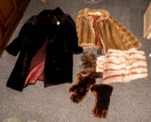 Collection Of Fur Items Including Coney stole with martin tails, pair of beaver lamb & leather