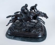 French - Signed Heavy Cast Bronze Statue of Two Race Horses and Jockeys In Full Flight - Raised on a