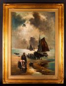 Continental Oil Painting On Canvas Depicting fisherfolk on a beach scene with boats. Indistinctly