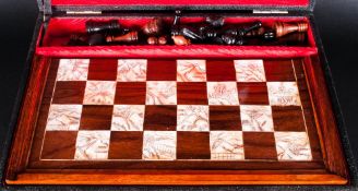 Boxed Chess Set - Mother of Pearl inlaid decoration. Board measures 14.5 by 14.5 inches (Complete)